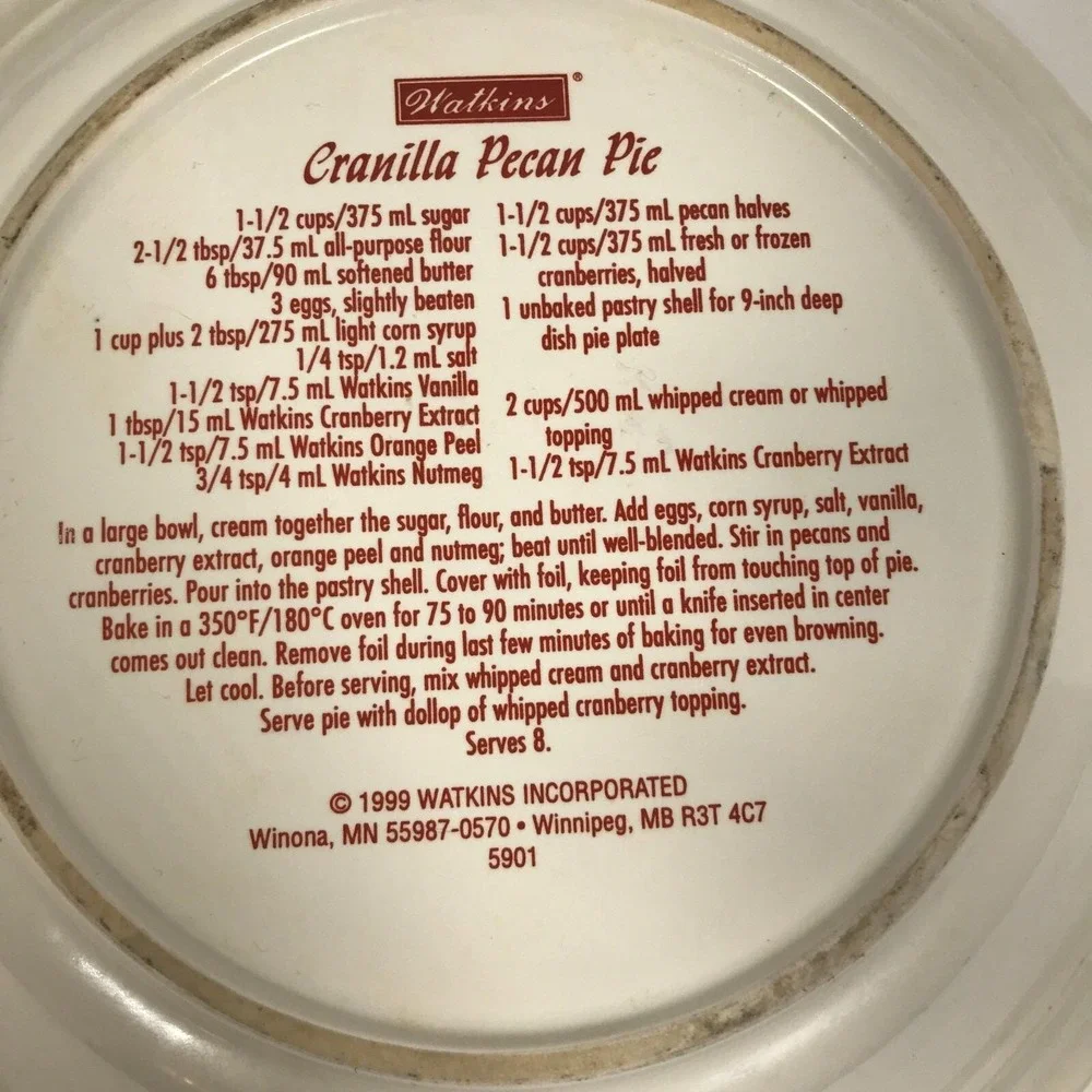 Watkins 1999 Cranilla Pecan Pie Plate Ceramic Winter Victorian House Sleigh 5901